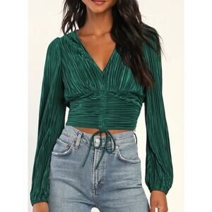 Lulus NWT Green Satin Plisse Long Sleeve Blouse Ruched V-Neck Holidays Small